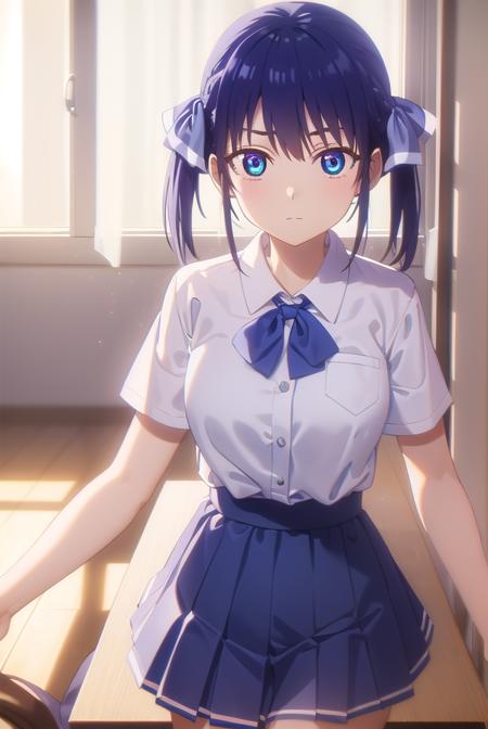 nagisaminase, <lora:nagisa minase s2-lora-nochekaiser:1>,
nagisa minase, bangs, blue eyes, blue hair, hair ribbon, side ponytail,
BREAK skirt, shirt, bow, school uniform, white shirt, short sleeves, pleated skirt, bowtie, blue skirt, 
BREAK indoors, classroom,
BREAK looking at viewer, (cowboy shot:1.5),
BREAK <lyco:GoodHands-beta2:1>, (masterpiece:1.2), best quality, high resolution, unity 8k wallpaper, (illustration:0.8), (beautiful detailed eyes:1.6), extremely detailed face, perfect lighting, extremely detailed CG, (perfect hands, perfect anatomy),