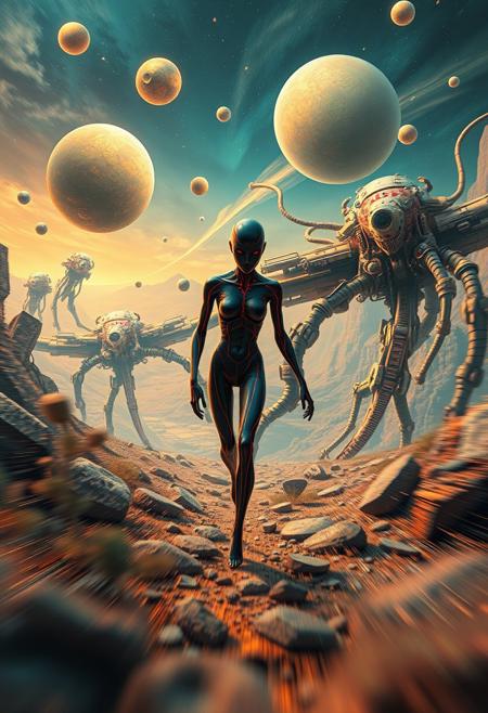 Dynamic motion: elongated figure walking through a surreal, biomechanical landscape. Vivid electric colors, blurred lines, action pose. Floating spheres, glowing orbs, infinite sky, gold, blue, bronze hues, cosmic symbolism.