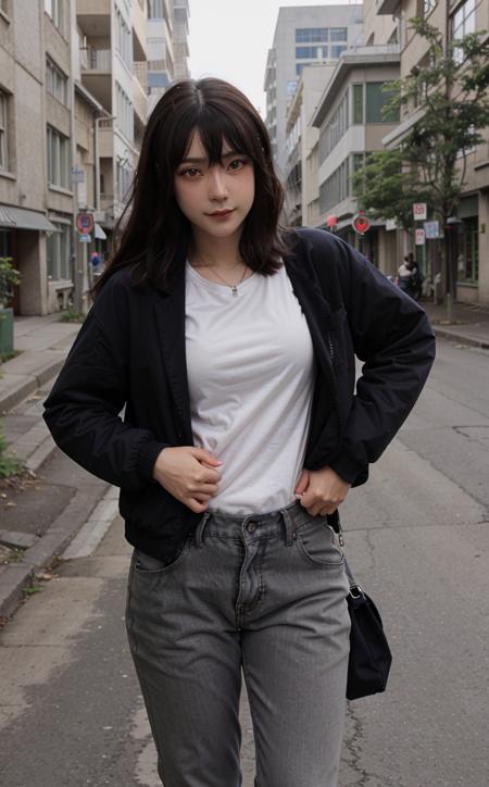 yujikoi, a woman, outdoors, city, road, street, modern clothes, shirt, pants, jacket,