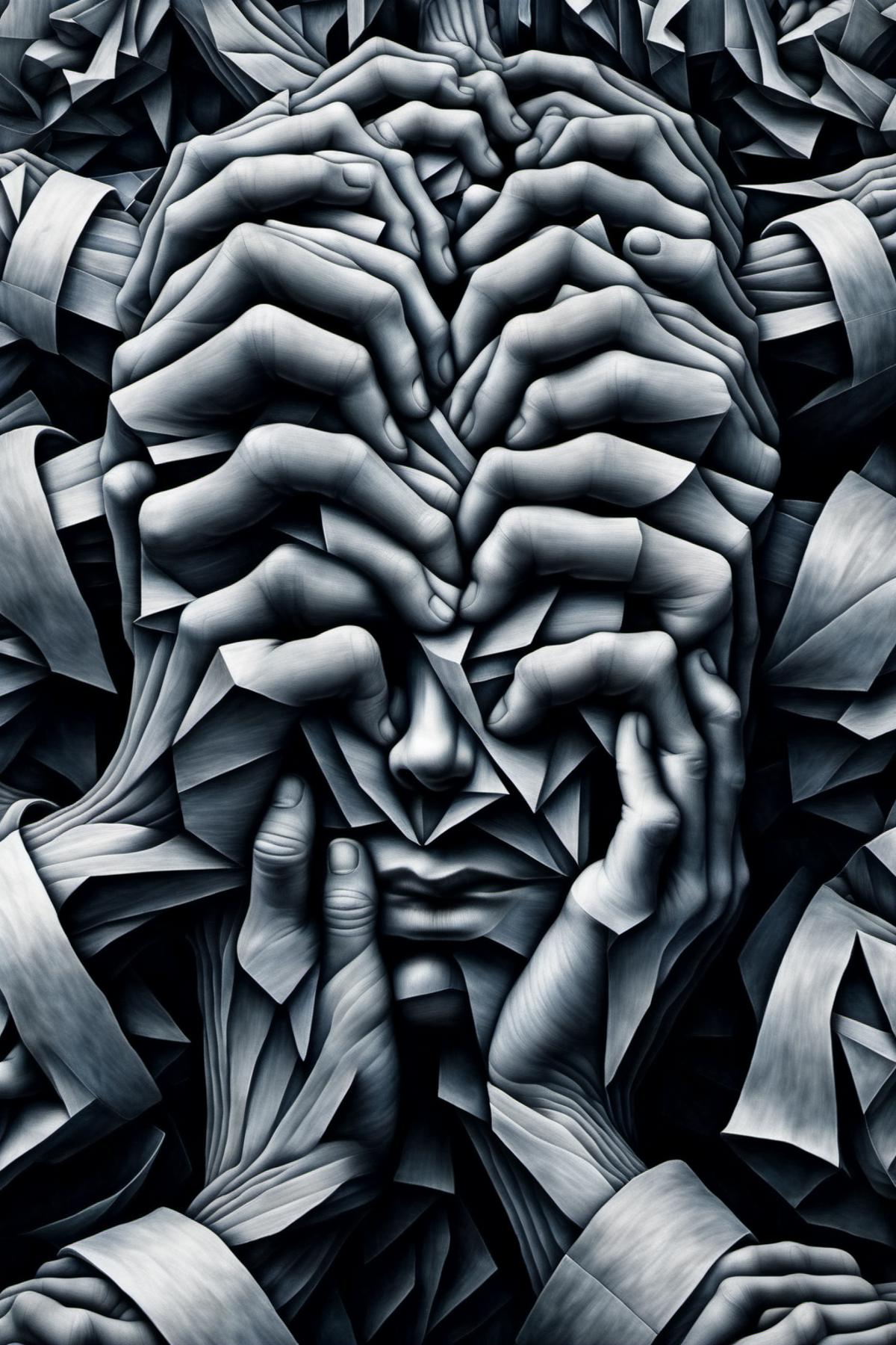 impossible Escher man hands composing all together an overall shape similar to an undefined face, front view, photorealistic, RAW photo, dark oil everywhere