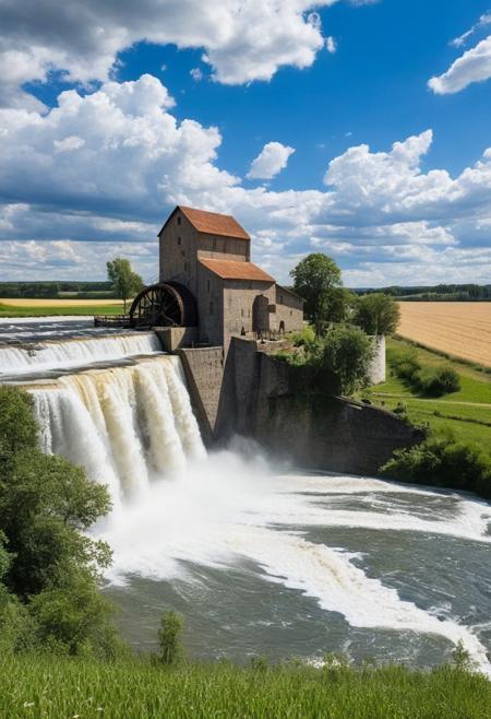 Water powered flour mills, strong river and waterfall next to the mill activating the mill's grinding wheel, large wheat field and blue sky with cumulus clouds in the background,