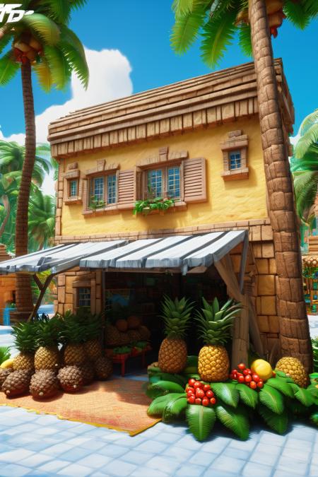  Delfino_Plaza,  small fruit stand,  pineapples,  coconuts,  palm tree,  small house