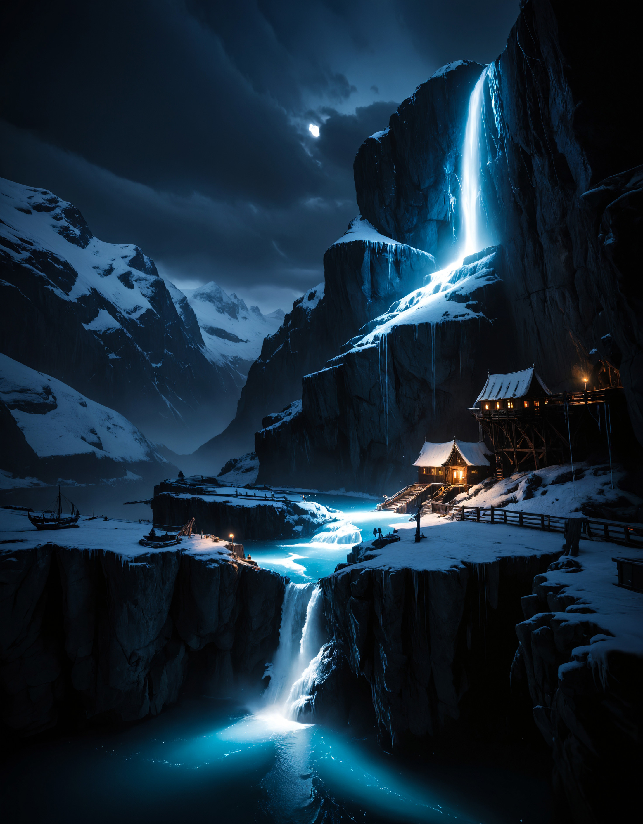 (zavy-mthcl:1.3), A night shot from the deck of a pirate ship amidst a glacial fjord. Towering ice cliffs rise dramaticall...