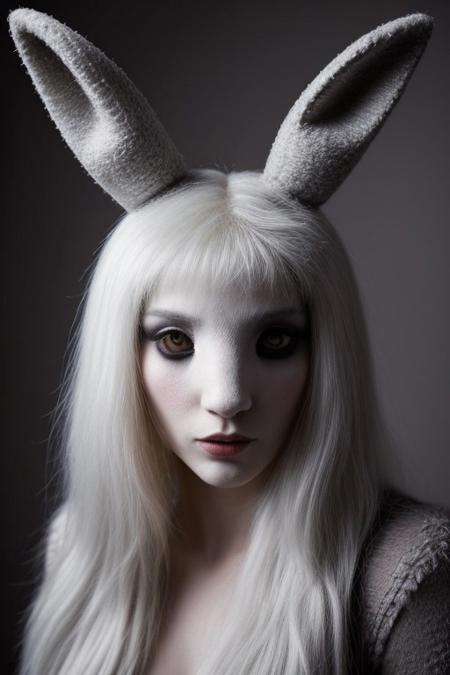(masterpiece, best quality, stunning, highly detailed, close-up view of a rabbit-sheep hybrid creature, (intricate furs, detailed wool, luxury rabbit ears, detailed silver horns, majestic horns, silver rabbit incisors, soft hair  ), dramatic lighting, HDR, (mythical, fantasy), oil painting), legendary creature, trending on artstation