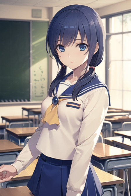 (masterpiece), (best quality, high quality:1.4), upper body, classroom, 1girl, solo focus, twintails, blue hair, blue eyes, medium breasts, school uniform, serafuku, AyumiCP