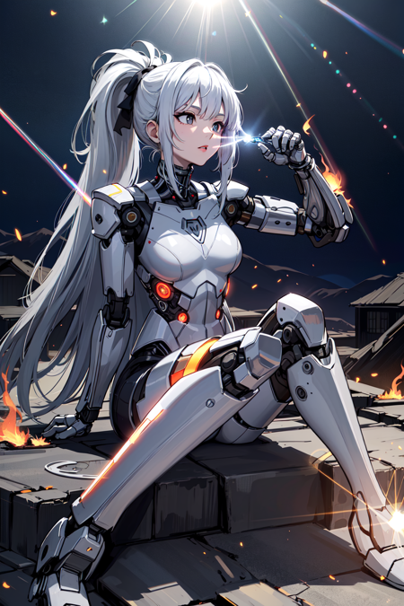 1girl, cyborg, mechanical arms, mechanical legs, upper body, (cybernetic:1.4), (skulls, broken houses), war scenery, (blue flames:1.3), (black hair|white hair), (black eyes|white eyes), (sidelocks|ponytail), (absurdly long hair:1.4), glowing armor, solo focus, (magic circle:1.15), [depth of field, ambient lighting, blurry foreground, blurry background], ornate armor, massive structures, atmospheric, smokes, (barren fields), (cliff scenery:1.2), (magic circle), heavenly light, (lens flare:1.7), light flares, intricate details, enhanced lighting, starry sky, comets, vast lands, (full body:1.2), (night:1.2), sitting