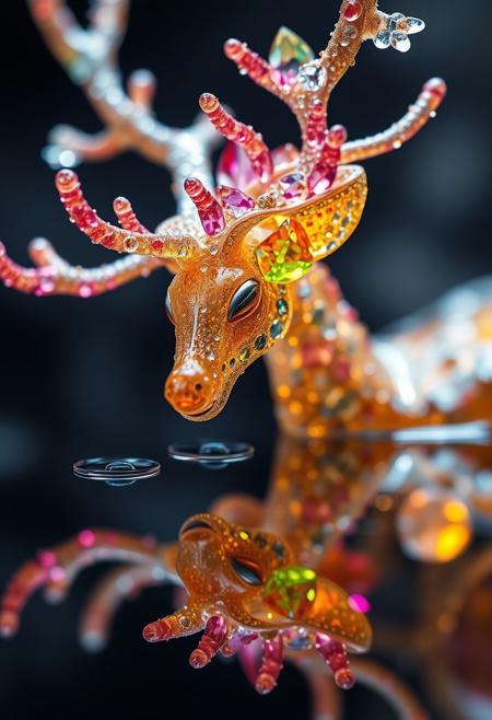 creature like a golden Reindeer body made of glowing colorful gems and crystal,Alien Flora, water hydroforming, terraforming. Alien Flora, Miki Asai Macro photography, close-up, Miki Asai’s visual style is ethereal and dreamlike, capturing the beauty of nature in a delicate and poetic way, hyper detailed, trending on artstation, fantastic Realism and Sharp Focus, studio photo, intricate details, highly detailed, by greg rutkowski detailed face, detailed skin, reflection