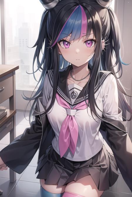 ibukimioda, <lyco:ibukimioda-lyco-nochekaiser:1>,
ibuki mioda, black hair, blue hair, hair horns, ear piercing, lip piercing, long hair, multicolored hair, (pink eyes:1.5), pink hair, white hair,
BREAK asymmetrical legwear, black skirt, blue thighhighs, jewelry, mismatched legwear, neckerchief, necklace, piercing, pleated skirt, ring, school uniform, serafuku, shirt, skirt, thighhighs, torn clothes, torn thighhighs, zettai ryouiki,
BREAK looking at viewer,
BREAK indoors, classroom,
BREAK <lyco:GoodHands-beta2:1>, (masterpiece:1.2), best quality, high resolution, unity 8k wallpaper, (illustration:0.8), (beautiful detailed eyes:1.6), extremely detailed face, perfect lighting, extremely detailed CG, (perfect hands, perfect anatomy),