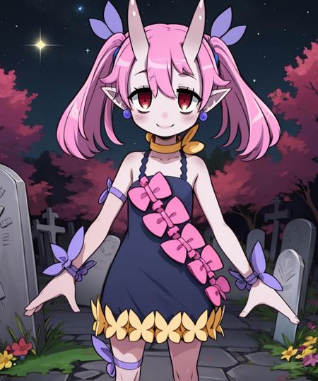 bieko,pink hair,oni horns,pointy ears,colored skin,red eyes,twin tails,
purple sleeveless dress with flowers,jewelry,bare shoulders,
hair ornament,wrist cuffs,
standing,smiling,
stars,graveyard,
(insanely detailed, beautiful detailed face, masterpiece, best quality),<lora:bieko-10D6:0.8>,