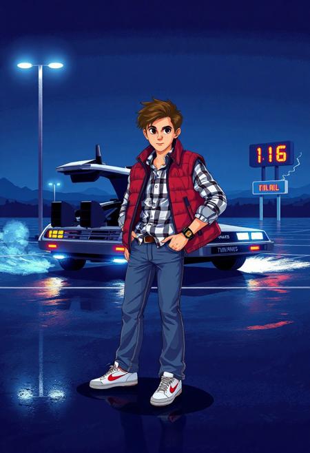 pixel art image inspired by 'Back to the future,' featuring the iconic DMC DeLorean. To the right, A teenage boy with a confident, slightly rebellious attitude. He has a lean build, short brown hair styled in a casual, feathered manner, and expressive eyes. He wears a signature layered outfit: a red puffer vest over a light blue denim jacket, with a white and black plaid button-down shirt underneath. His jeans are slightly faded and straight-cut, and wears white Nike sneakers with red swooshes. On his wrist is a digital watch.
A dramatic, cinematic nighttime scene outside the Twin Pines Mall parking lot, glowing under the harsh, bluish light of overhead street lamps. The vast, empty lot stretches into the distance, wet pavement reflecting the cool light and adding a glossy sheen. In the background, the DeLorean is parked with its gull-wing doors open, steam and sparks rising from its body as it emits glowing blue electrical arcs. Its tires glow with fire trails, hinting at a recent jump through time. Behind it, the mall sign reads “Twin Pines Mall” with the time "1:16 AM" lit in digital numbers. The horizon glows faintly with lightning flashes, and distant mountains loom in silhouette. the atmosphere capture the thrill and mystery of time travel. limited retro color palette (8-bit or 16-bit), dithering for shading, and clean, blocky pixel lines for a nostalgic 80s-90s video game aesthetic. Keep details simplified with visible pixels for an authentic pixel art style.