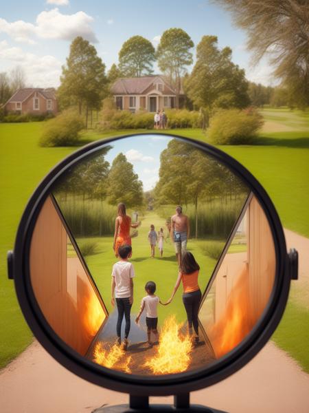 <lora:ErikJohansson:1>a crisp 360 photograph of a suburban family ataring into an infiinity mirror filled with trees, fields, and a fire inside of a house