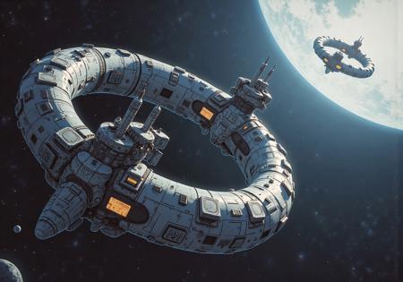 "A hyper-detailed, cinematic portrayal of massive Gothic star space ring ship in the dark style, captured in ultra-realistic 32k resolution.(Ultra-realistic, masterpiece, best quality, high-res, high detailed, stunning artwork, shallow depth of field, bokeh, cinematic lighting, film grain, motion blur:1.4, Dutch angle, shot from below) by Paul Chadeisson, a_skynet_cyberdyne_craft, the image is featuring a Sci-fi Space space ring shape ship anchored near planet Moon. Stanford Torus: A toroidal (ring-shaped) space habitat proposed, designed to rotate for artificial gravity and house ~10,000–140,000 people.Key Features:Shape: Doughnut-shaped ring, ~1.8 km diameter, ~130 m tube cross-section, connected to a central hub via spokes.

In the background, a star system spreads out, featuring cosmic stars, scattered debris, and shadowed craters against a vast, starless void. The straight-on, full-shot angle provides a close view of these brutal ships, showcasing their grim, mechanical elegance as they drift silently through space. Cinematic lighting brings out the depth and detail in every engraving, armor texture, and metallic surface, with a subtle film grain overlay that adds realism and texture. The scene captures the haunting stillness and immense scale of Gothic architecture blended with futuristic warfare, creating a mystical, otherworldly atmosphere."