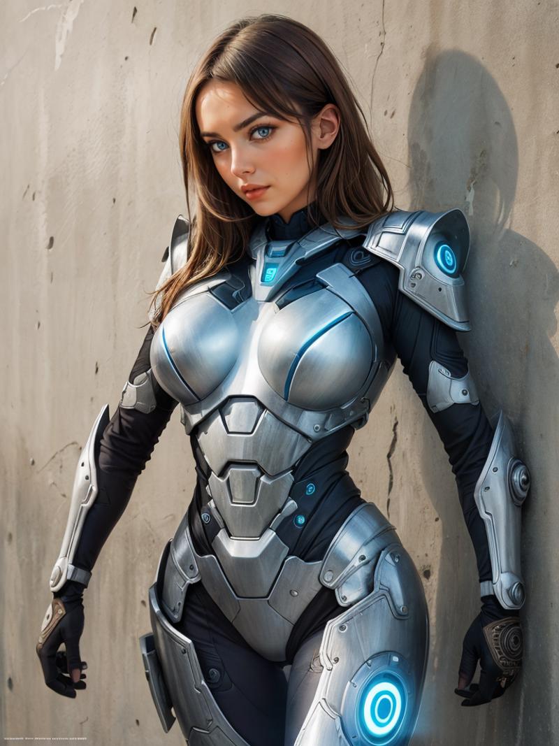 Woman wearing a silver and black futuristic costume with blue eyes.