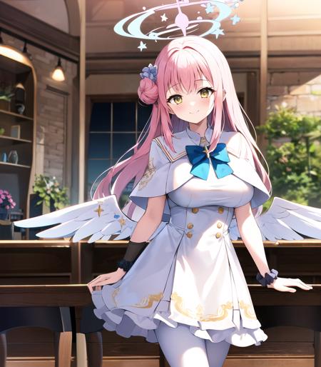 extremely best quality,ultra highly detailed,mika,1girl,cowboy shot:1.2,pink hair,long hair,yellow eyes,((white dress,single side bun,angel wings,wrist scrunchie,white capelet,white pantyhose,blue bowtie,halo,hair flower,large breasts)),smile,BREAK
highly detailed,indoor,cafe,romantic,blue sky,noon,looking at viewer,