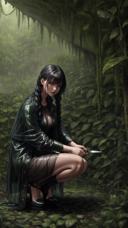 A Jungle, In Heavy Rain, Monochromatic, Vines Everywhere, Giant Wet Trees Oil Painting, Flower Photography, 1 Wet Woman, Twin Braids, Hair Behind Ear, Sheer Jacket, Sheer Clothes, Wet Clothes, Squatting , holding knife<lora:add_detail:0.3> <lora:more_details:0.4>