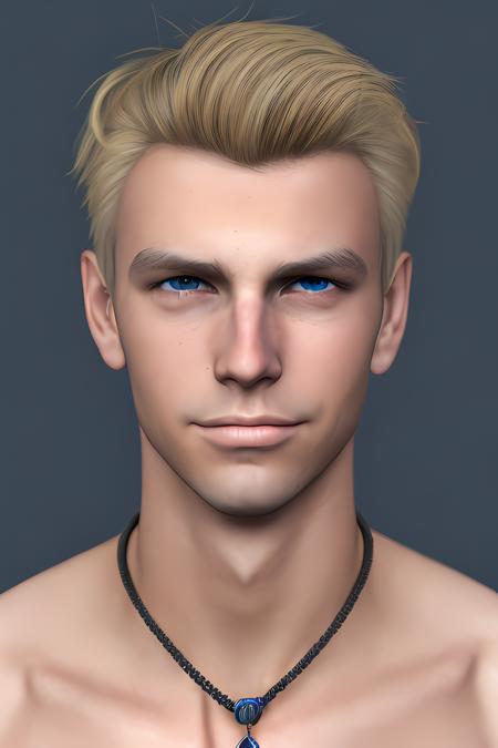 dskflll, 1boy, male_focus, blonde hair, a man with a blue shirt and a necklace on his neck ,photorealism, rim lighting, studio lighting, AGFA colors, dskflll