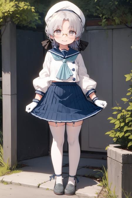 best quality, masterpiece, highly detailed, 1girl, solo, smile,
hirato, braid, glasses, hair ribbon,
school uniform, hat, blue ribbon, blue sailor collar, blue neckerchief, long sleeves, white gloves, blue skirt, pleated skirt, white thighhighs, garter straps, shoes, grey footwear,
outdoors,
<lora:HiratoKancolleV02-000018:1>