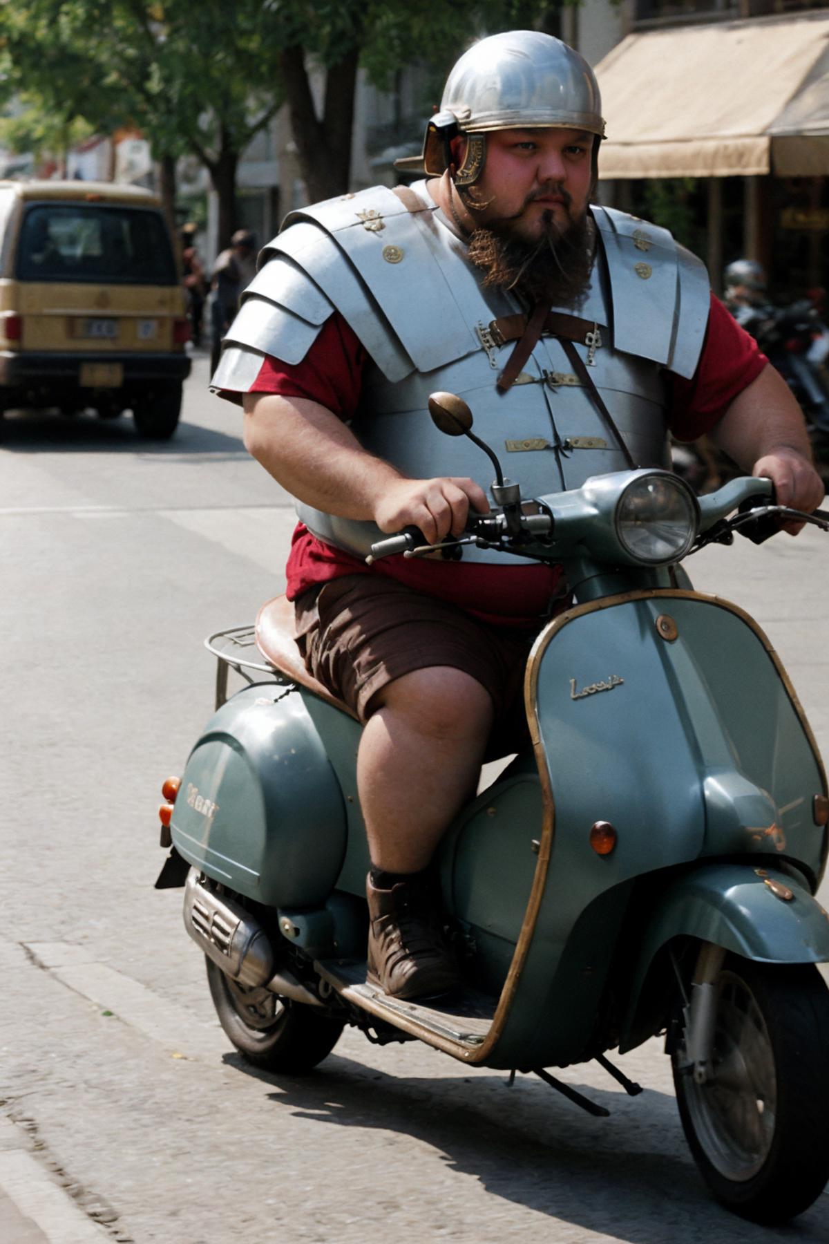 A man wearing a Roman costume riding a blue scooter.