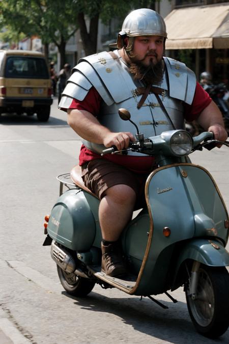 a photo of a fat man with beard riding a vespa wearing loriseg armor and helmet, red tunic,  <lora:loriseg_V2-10:0.7>