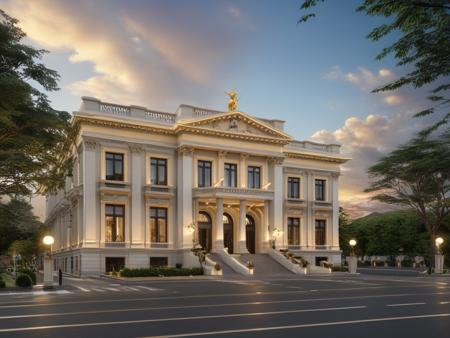 <lora:JJsClassicStyleHouse_XL:1>, ((Neo Classic)), building,masterpiece , best quality, RAW photo, subject, high quality,dramatic lighting, outdoors, sky, sunset, cloud, tree,  ground vehicle, building, scenery, road, lamppost, real world location,, door,entrance, beam,column, window, traffic light, lots of trees, sunlight, public blocks,daytime, mountains, public squares, lively city streets, enough detail, high resolution, 8k, HD, super realistic, Photorealistic, highly detailed,