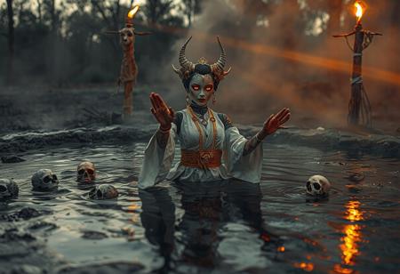 It's evening. orange glow shoots rays through the trees around the pond of bubbling tar. In the center is a robotic geisha demon with glowing eyes halfway submerged in the tar. Small skulls are barely floating around in the thick tar and the demon is dancing seductively to lure you in. The photo is taken from the tar surface looking up, and she holds out a welcoming hand out for you, palm side up. Her face is without emotion and her eyes scream danger. Her dress is white and gold, lots of jewelry and golden chains, and her head is crowned with horns. She has henna tattoos over her arms with mysterious symbols. She's inviting you to step into the tar pit. You must resist her temptation... 
In the background, there are totems made from sticks and rope. A torch burns at the top. There's a thick layer of mist, smoke and dust in the air, possibly from a wildfire.