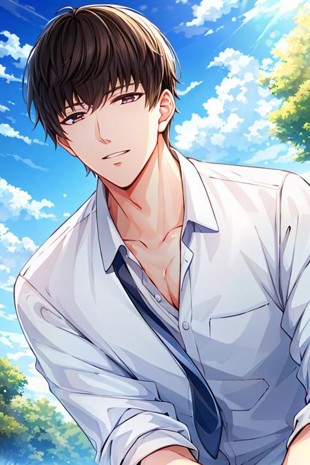 ((high_quality, distinct_image)), masterpiece, extremely_detailed_CG, overexposure, illustration, fair skin, 1boy, solo focus, short hair, xumo, looking at viewer, sunshine, perfect_face, handsome, beautiful_detailed_hair, beautiful_detailed_sky, from_below, blue sky, outdoors, light smile, dynamic_pose