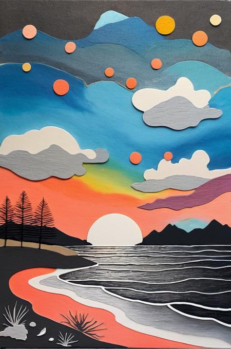 multi layer abstract,style of Charcoal and conte drawing,raised brush,minimal and abstract,background of textured paper,abstract expressionism,thick brush,highly irregular random strokes,irregular,complex,composite,collage tree and Mount,
landscape/scenery,walking,waves,wind,(((glistening light of waves))),(detailed sunset glow),(floating flow),((coral)),(Luminous),coast,(floating colorful bubbles),beautiful detailed sky,(fluorescence),detailed shadow,(conch),beautiful detailed water,starfish,meteor,rainbow,(seabirds),(glinting stars),(glowworm),(splash),detailed cloud,shell,(fireworks),(((masterpiece))),(((best quality))),((ultra-detailed)) . Composed entirely of small,distinct dots of color,vibrant,highly detailed,