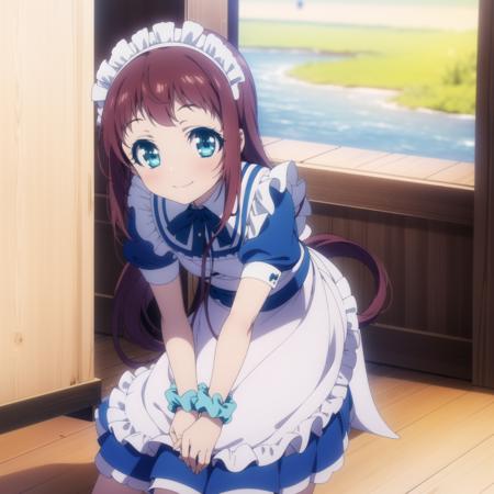 ,aamanaka,brown_hair,long_hair,blue_eyes,scrunchie, ,manakauniform,sailor_dress,school_uniform,serafuku,sailor_collar,sleeveless,