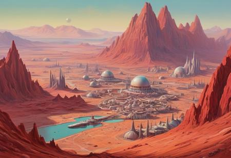 A pastel painting from the 1950's, in the style of retro-futuristic science fiction, capturing, a fantastical city on Mars, hidden among the crimson high peaks, where majestic biodomes shelter lush savannas and far-off lakes glisten.