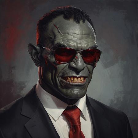 closeup portrait of a orc wearing black suit, highly detailed, evocative, high contrast, red and gray color blocks as the background, retro style sunglasses, smile face, gray skin face
