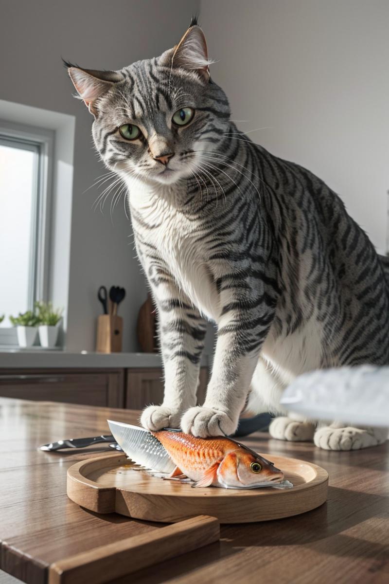 A cat playing with a fish on a wooden table.