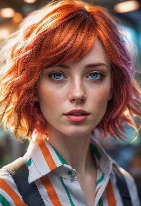 (best quality, masterpiece, beautiful and aesthetic:1.2, colorful, dynamic angle)((Full shot)), (highly detailed illustration), science fiction, extreme detailed, colorful,35mm, bokeh, 9:16, (intricate details, hyperdetailed:1.15), detailed, sunlight passing through hair (high contrast, official art, extreme detailed, highest detailed), <lora:Leeloo_5thElement_MillaJovovich_smf_lora_v2:0.9>, 1girl, l3e1o057h-smf, solo, realistic, shirt, blue eyes, looking at viewer, lips, red hair, parted lips, short hair, upper body, striped shirt, white shirt, suspenders, short sleeves, blurry, nose, bangs, orange hair, indoors, blunt bangs, green eyes, blurry background, portrait <lora:add_detail:0.5>