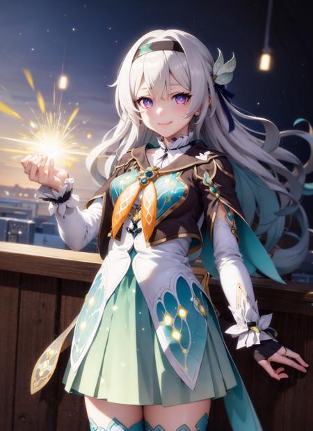 <lora:firefly:1> firefly \(honkai: star rail\), 1girl, solo, standing, dress, purple eyes, black hairband, white hair, long hair, dress, long sleeves, black capelet, black thighhighs, gradient legwear, blue skirt, puffy sleeves, closed mouth, light smile,