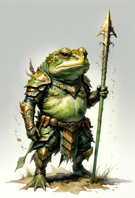toad fantasy warrior, green skin, toad in armor, spear, armed with spear, magical toad, paladin, line art, watercolor wash, simple background, white background, stand, approaching perfection, pure form, golden ratio, minimalistic, unfinished, concept art by Brian Froud and Carne Griffiths, intricate details, 8k post production, high resolution, hyperdetailed, trending on artstation, sharp focus, studio photo, intricate details, highly detailed, by greg rutkowski<lora:xl_more_art-full_v1:0.5>
dungeon and dragon , fantasy,  detailed_eye_model