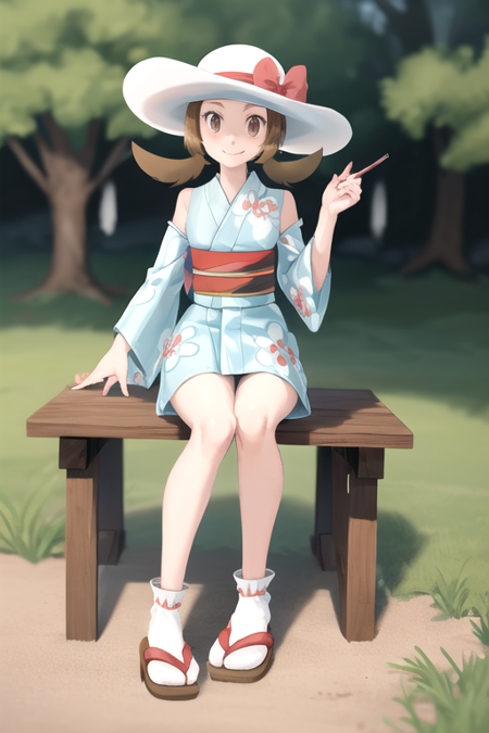 masterpiece, best quality, <lora:LyraSummer:1>, lyra \(pokemon\), brown eyes, blue kimono, japanese clothes, white headwear, socks, sandals, sitting, full body, smile, floral print, obi