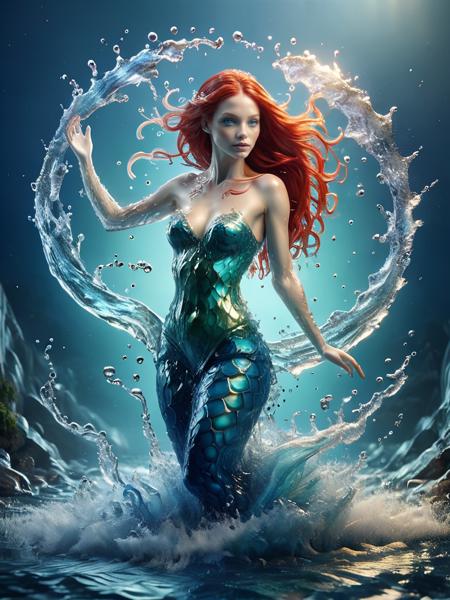 a surreal color portrait of a beautiful mermaid rising out of the sea, red hair, blue eyes, scales, water splashing around her, dramatic lighting, highly detailed, shades of deep blue and green <lora:watce-sdxl:1> watce