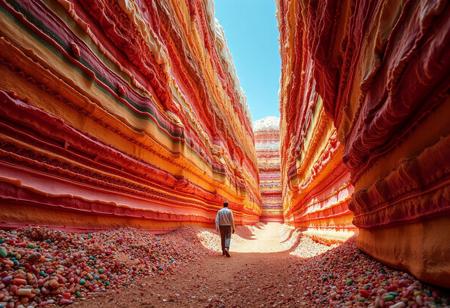 man walking at the bottom of the multi color cake valley. The valley is made from cake and melting cream. walking between narrow towering, huge cake and huge topping cream. canyon of giant layered cake. bush of shiny candies. chip gravel spread along the path.