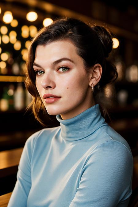 photo of extremely sexy (millajovov:0.99), a woman as a sexy student, closeup portrait upsweep updo, (Dazzling Blue tight long sleeve turtleneck top), at a cantina sitting bar (masterpiece:1.5) (photorealistic:1.1) (bokeh) (best quality) (detailed skin texture pores hairs:1.1) (intricate) (8k) (HDR) (wallpaper) (cinematic lighting) (sharp focus), (eyeliner)