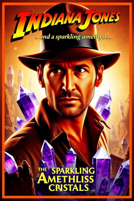 cinematic movie poster, title "Indiana Jones and the sparkling amethyst crystals" 