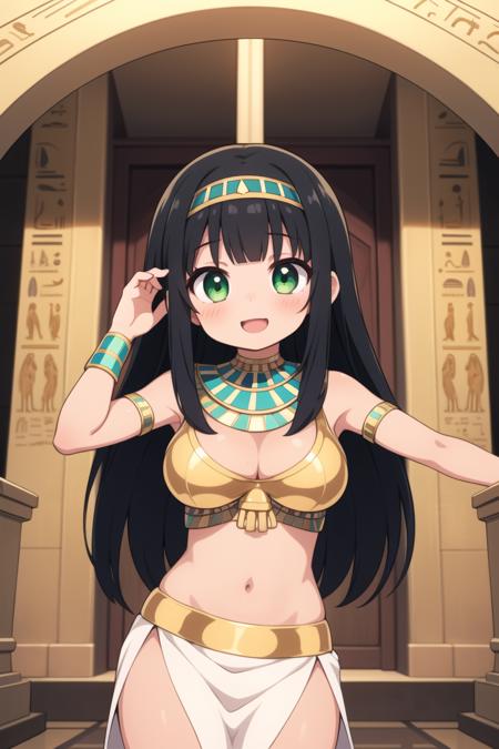 masterpiece, best quality, ultra detailed, anime style, 1girl, young, cute, (tanned skin), egyptian girl, egyptian outfit, medium long hair, black hair, green eyes, medium large breasts, egyptian tomb, indoor, large room, illustrated walls, warm colors, beautiful face, happy