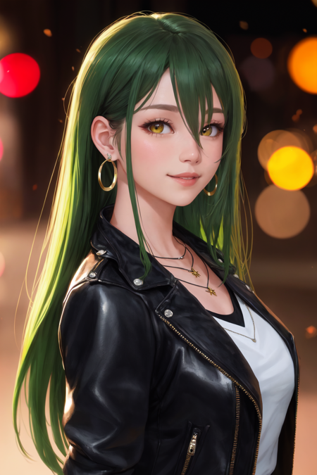 solo, long hair, looking at viewer, smile, shirt, 1girl, kawaii, large breasts, leather jacket, hair between eyes, brown eyes, jewelry, yellow eyes, earrings, parted lips, green hair, necklace, lips, piercing, ring, portrait,  LimitBreakStyler