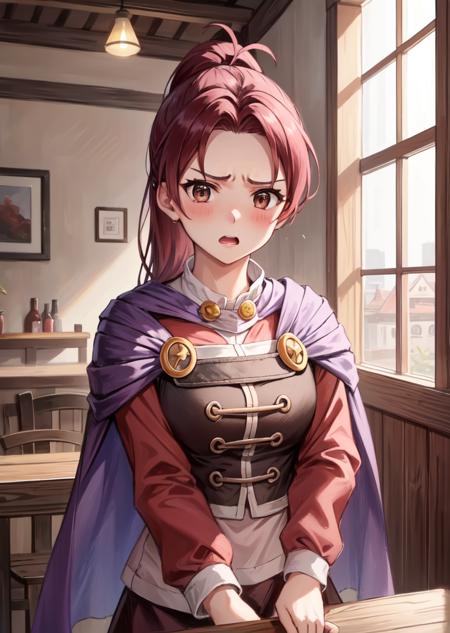 masterpiece, best quality, jenna, ponytail, purple cape, vest, red shirt, brown skirt, upper body, looking at viewer, indoors, wooden building, tavern, flustered, blushing, annoyed, open mouth <lora:jenna-nvwls-v1-000012:0.9>