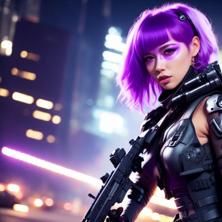 (CyberAngelSoldier style:1) woman with purple hair holding a machine gun <lora:djzCyberAngelSoldierV21:0.8>