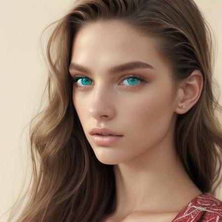 A fashion editorial of a brunette model with MULTIPLE green eyes. Photo-realistic, fine detail.