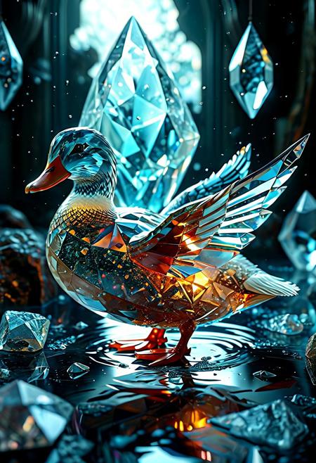 a duck made of translucent crystal, light white milk color, flying, water drops, liquid, 
water flow, 
crystal, crystalized, crystal world, gem, geometric, shards, sharp edges, wireframe, 
double exposure, surreal, beautiful, transparent, translucent, epic, majestic, magical, dreamy, perspective, light and shadow, moody, aesthetic, textural, intricate details, highly detailed, ultra-detailed, absurdres, backlight, hyper detailed, 8K Ultra HD, sharp focus, awesome full color, Tile Reflection, 
adventure, characters, comics, contemporary, digital, grungy, morality, superheroes, elegance, fantasy, illustration, pin-up, modernism, other-worldliness, surreal, magic, 
best quality, masterpiece, beautiful, painterly, detailed, textural, artistic, aesthetic, intricate details, highly detailed, ultra-detailed, absurdres, unreal engine, octane rendering, high contrast, vivid, vibrant, volumetric lighting, sharp focus, 
rp_slgd