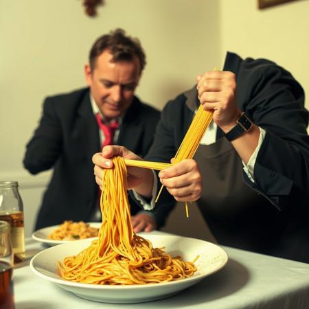 (((a person (((breaking))) raw spaghetti))) in front of an Italian