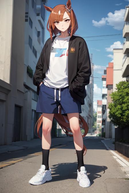 masterpiece, best quality, 
ikuno dictus \(umamusume\), 
full body, standing, street, 
long sleeves, black sweater, hands in pockets, blue shorts, black socks, sneakers, white footwear,
<lora:ikuno_dictus_loha:0.7>