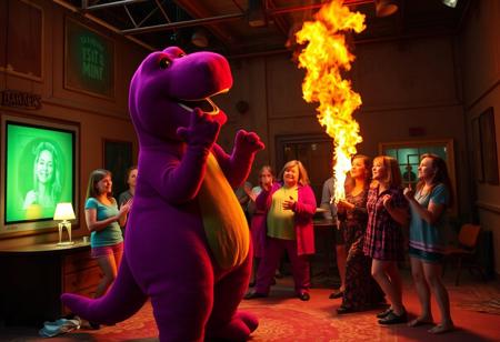 In a forgotten TV studio, a group of nostalgic fans gathers for a bizarre reunion of their favorite childhood show featuring Barney, the cuddly dinosaur. As they reminisce, the walls pulse with eerie energy, awakening a sinister presence linked to the beloved purple monstrosity. 
As they dance around in a do-si-do, the atmosphere shifts—the cheerful verses become chilling, and Barney begins to wave his arms frantically. The laughter fades as the creature's charm takes hold, binding the fans to their memories, trapping them in a cycle of joy and terror. Suddenly, Barney brushes against a flickering candle, igniting the costume in a blaze of crimson flames.
Instead of panic, the group erupts in laughter, a twisted delight filling the studio as they cheer for the spectacle. “Oh boy, Barney's on fire!” they chant, embracing the chaos, their humanity slipping away. But as the flames consume their beloved dino, the twisted truth unfolds: they are not merely fans, but ancient devotees, sacrificing their past for the beast's eternal reign, lost in a hellish performance from which there is no escape.