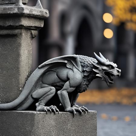 cinematic photo (cathedral gargoyle|dragon sculpture:1.3), on pedestal, cracked asphalt texture, weathered, dark, simple background
 <lora:asphalt-SDXL-m:1> . 35mm photograph, film, bokeh, professional, 4k, highly detailed