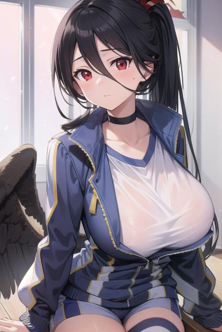 bluearchivehasumi, <lyco:hasumi-lyco-nochekaiser:1>, 
hasumi, black hair, hair between eyes, long hair, mole, mole on breast, mole under eye, (red eyes:1.5), wings, black wings, low wings, feathered wings, (large breast:1.2),
BREAK blue jacket, blue shorts, choker, collarbone, gym uniform, high ponytail, jacket, long sleeves, official alternate costume, shirt, short shorts, shorts,  white shirt,
BREAK looking at viewer, 
BREAK indoors, classroom,
BREAK <lyco:GoodHands-beta2:1>, (masterpiece:1.2), best quality, high resolution, unity 8k wallpaper, (illustration:0.8), (beautiful detailed eyes:1.6), extremely detailed face, perfect lighting, extremely detailed CG, (perfect hands, perfect anatomy),